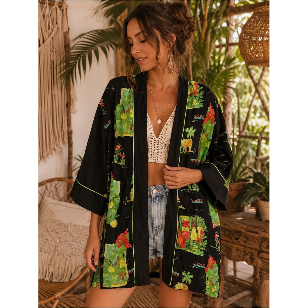 Vintage‎ 90s Statement by New Frontier Elephant Floral Rayon Kimono Jacket OS